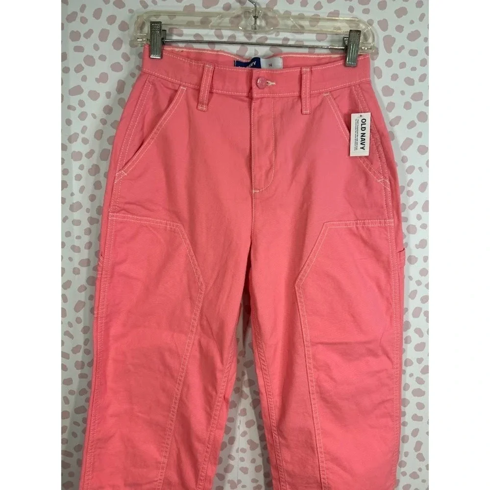 Old Navy Girls Pink Carpenter Pants High Waisted Utility Canvas‎ Size 14 NWT